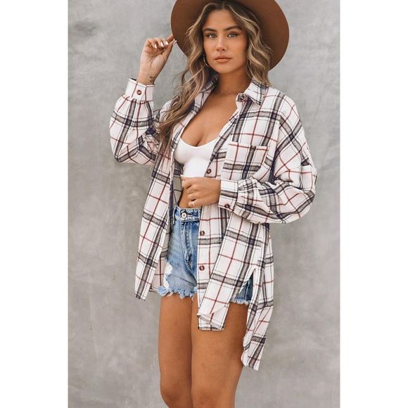 Azura Exchange  White Oversized Plaid Pattern Shacket with Slits - Picture 8 of 15